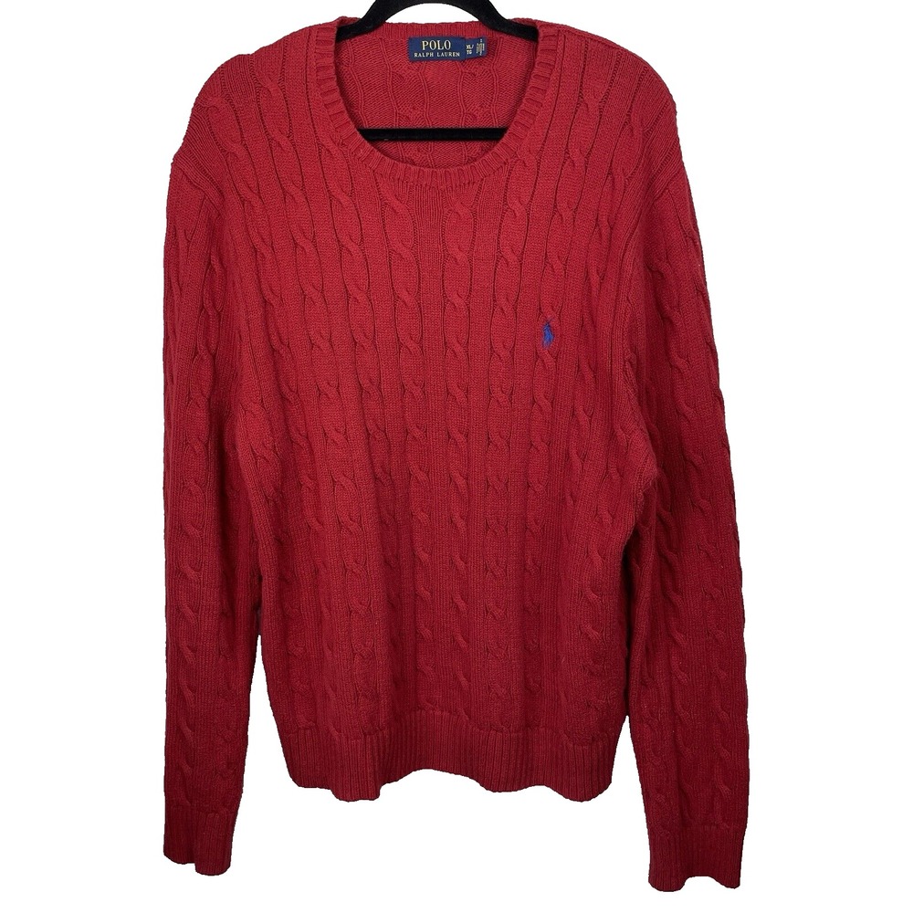 POLO Ralph Lauren Sweater Mens XL Red 100% Cotton Cable Knit Pullover Old Money